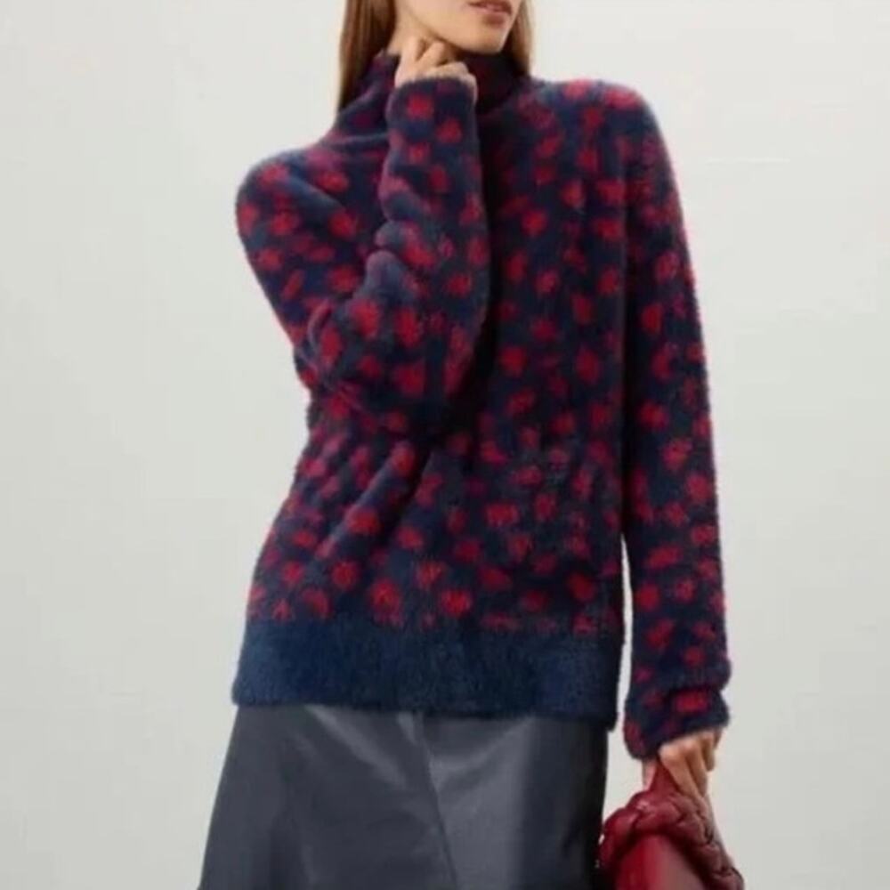 RTR Thakoon Navy Red Printed Fuzzy Mock Neck Pullover Sweater Sz Small soft